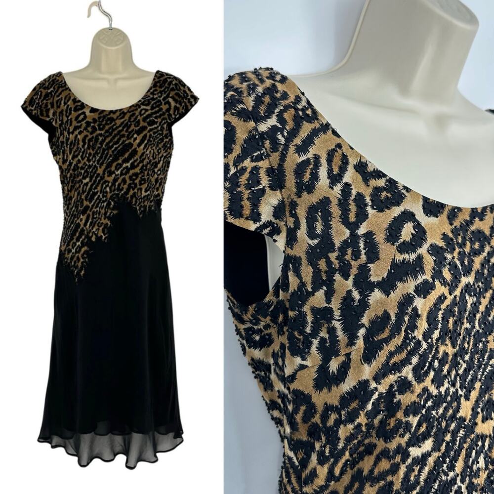 Vintage Y2K Basix II 100% Silk Dress Size 4 Black Leopard Beaded 90s Fairy Goth